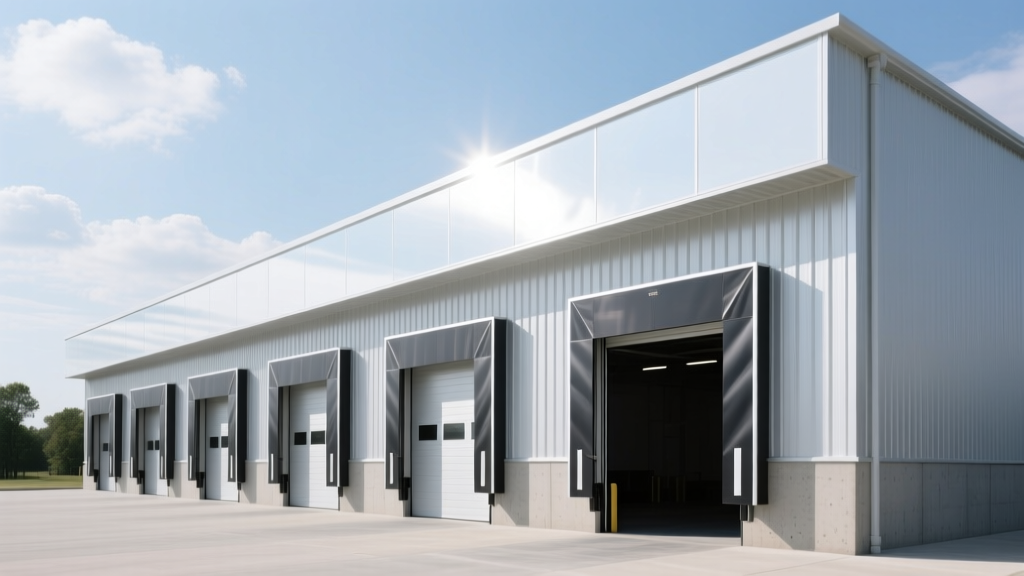 Modern pre-engineered metal warehouse with tilt-up concrete walls, large loading dock doors, and a highly reflective white TPO roof