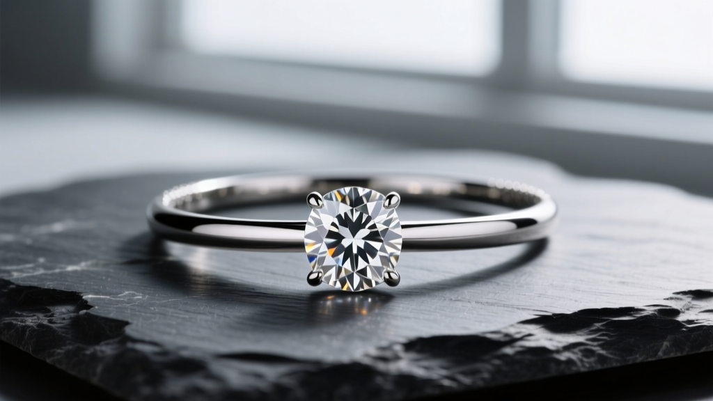 Close-up of a unique diamond necklace featuring a pear-cut diamond set in a brushed platinum bezel, resting on dark slate stone.