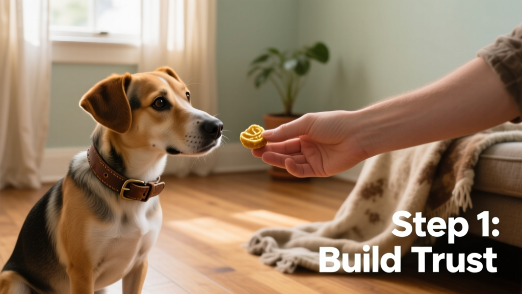 A gentle hand offering a treat to a timid dog in a quiet, sunlit room
