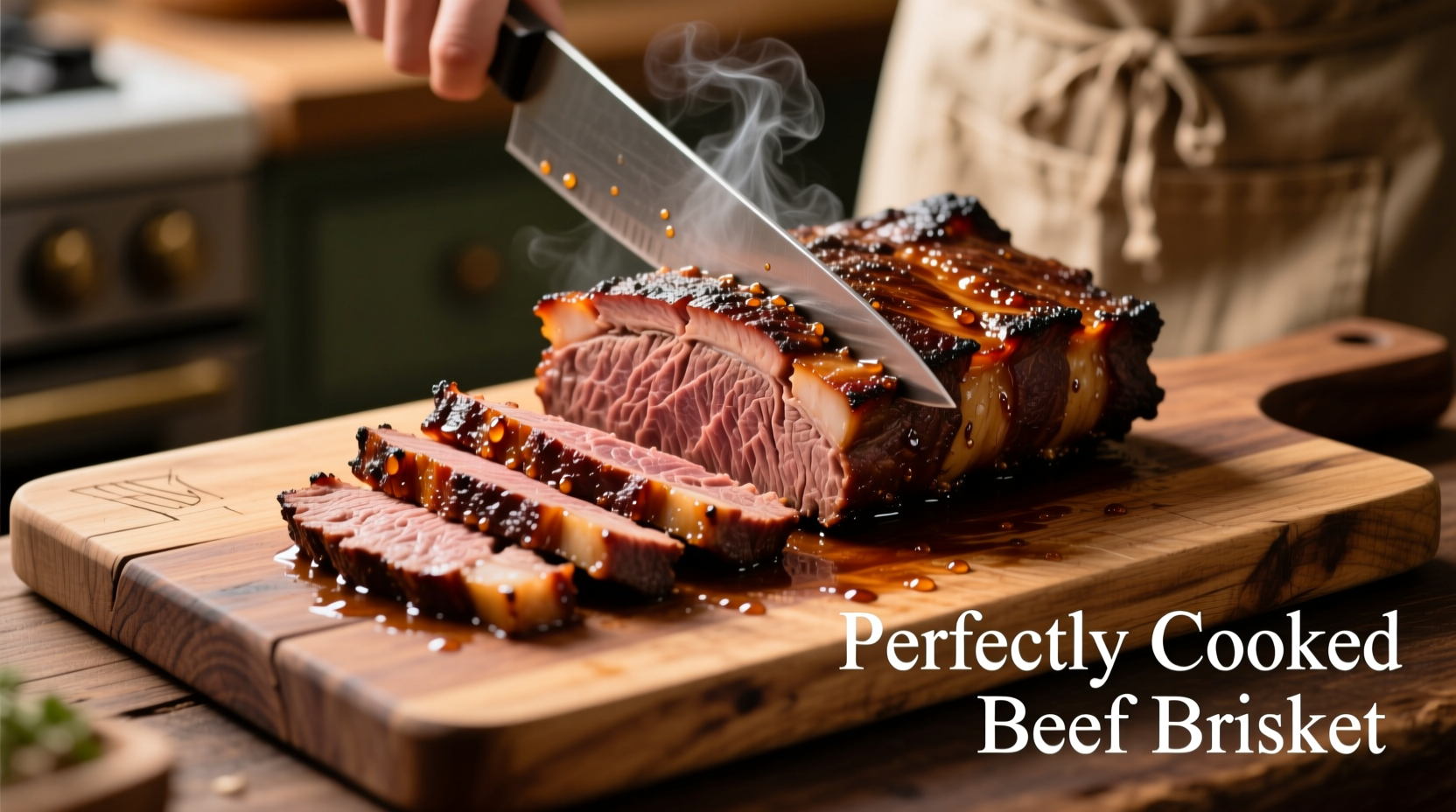 Perfectly cooked beef brisket sliced on cutting board
