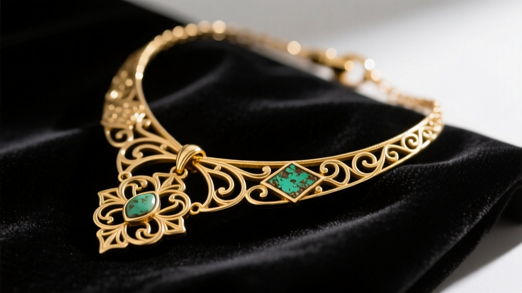 Macro shot of a gold-plated brass costume necklace resting on dark velvet, showing slight green oxidation near the clasp.