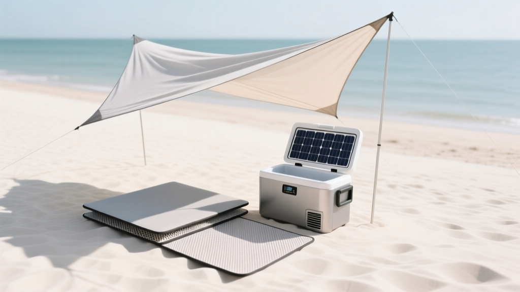 Overhead drone shot of a beach setup featuring a solar-powered cooler, dual-layer sand-free mat, and wind-powered canopy on white sand