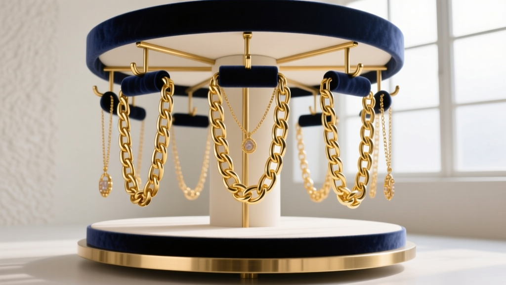 Open carousel tier displaying heavy gold chain necklaces on velvet-lined hooks, demonstrating weight capacity and spacing.
