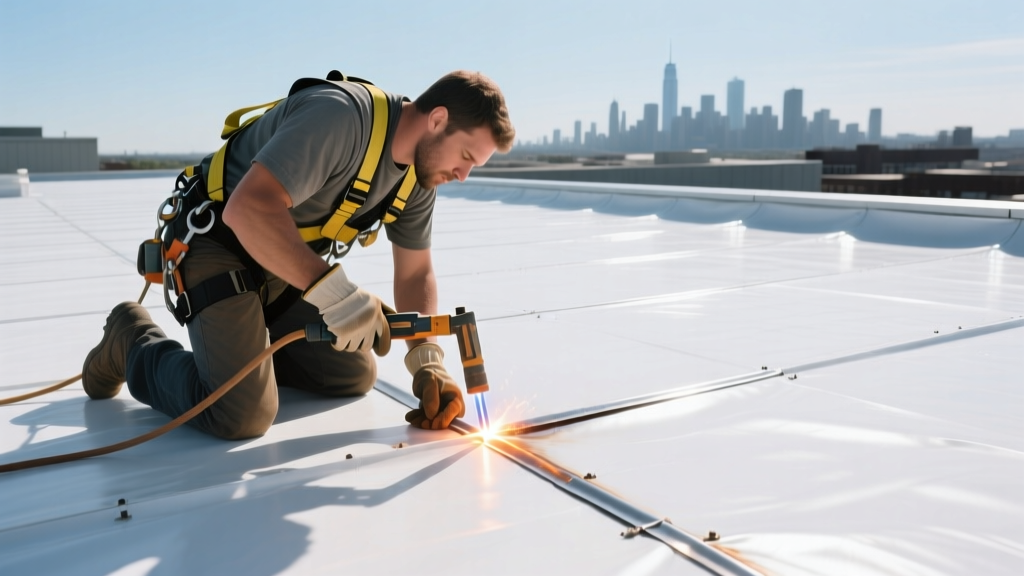 Roofer in safety harness heat-welding seams on a bright white TPO cool roofing material membrane atop a commercial flat roof.