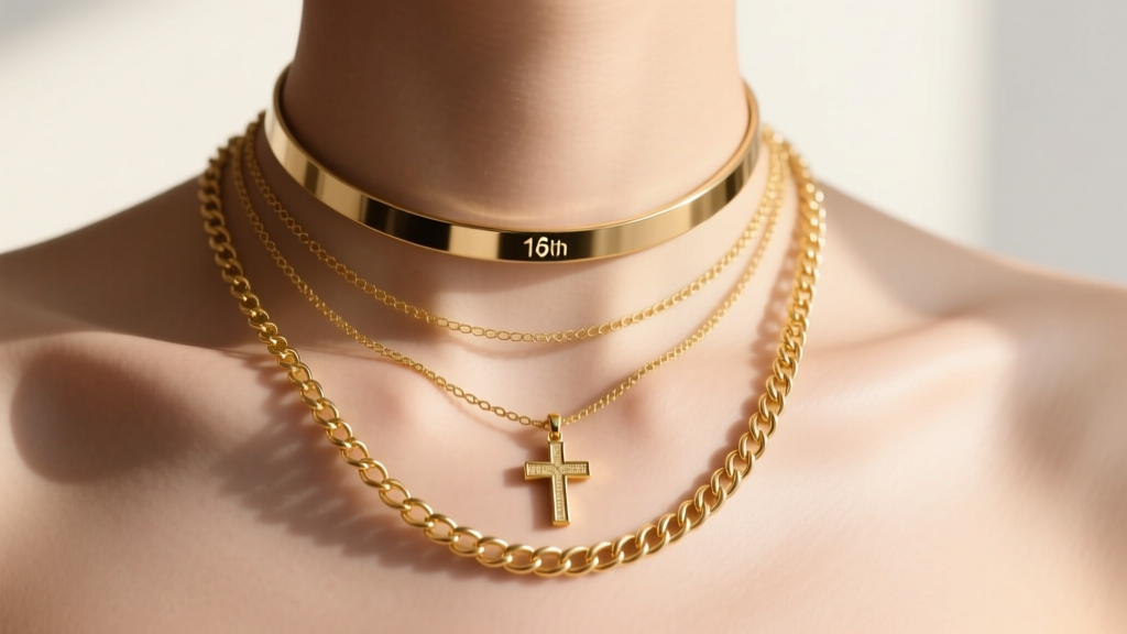 Layered stack featuring a 16-inch choker, an 18-inch sideways cross pendant, and a 20-inch gold rolo chain on a bare collarbone