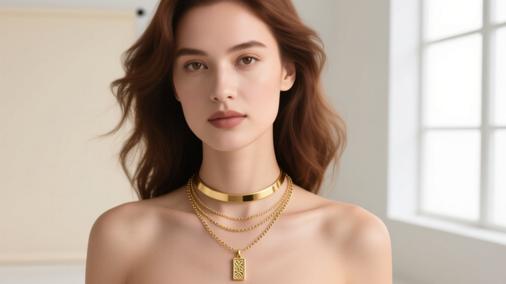 Woman wearing a layered stack with a small engraved gold bar pendant on a 16-inch box chain, paired with a 14-inch gold choker.