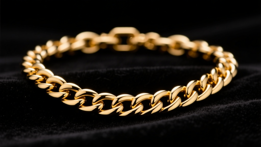 Macro shot of a 14k yellow gold Miami Cuban link necklace resting on dark velvet, illuminated by warm studio lighting.