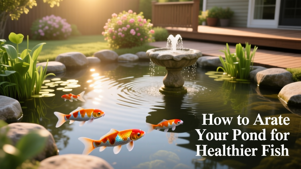 A serene backyard pond with clear water and healthy koi swimming near a gentle fountain