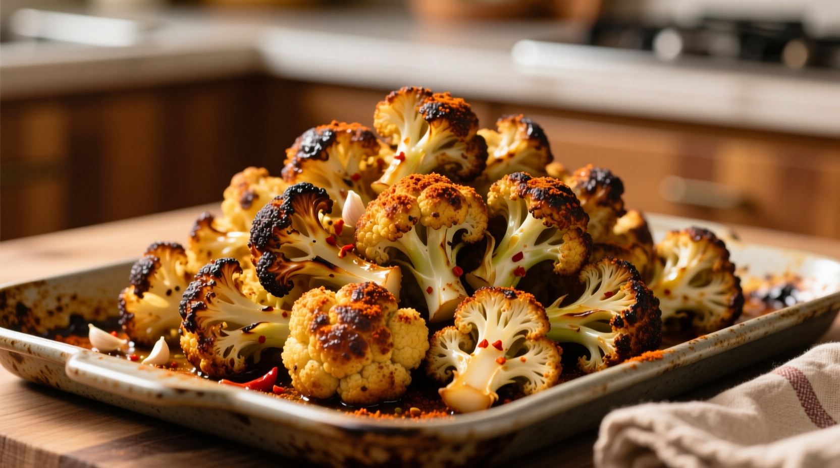 Golden-brown spicy roasted cauliflower on baking sheet