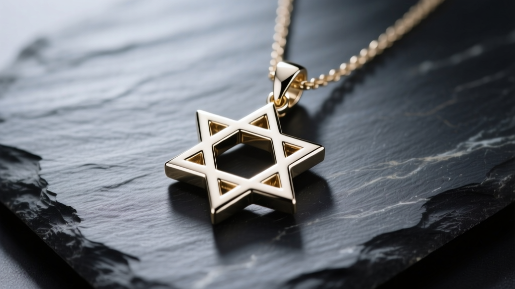 A highly detailed, macro photograph of a polished 18k white gold Star of David necklace resting on dark slate, studio lighting