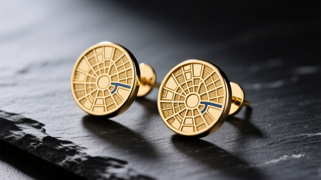 Close-up of 14k gold map earrings with laser-engraved London street grid on dark slate under soft directional lighting.