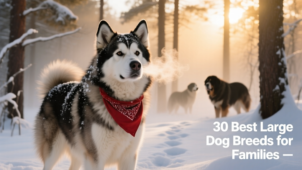 An Alaskan Malamute standing proudly in snowy woods, breath visible in cold air, wearing a cozy red bandana