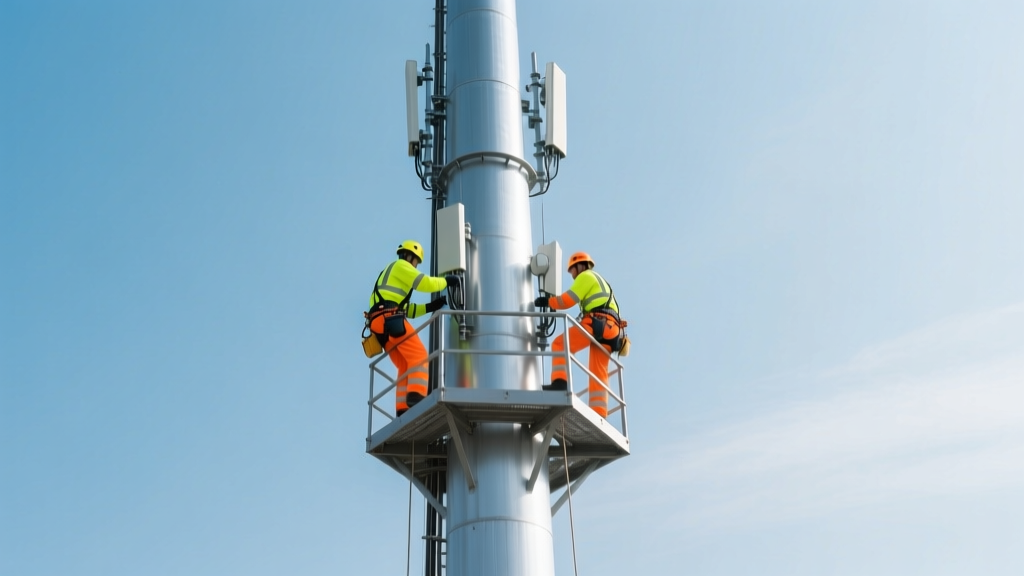 Galvanized steel monopole cell tower rising against a clear sky, with riggers in high-vis gear securing radio units at 120 feet