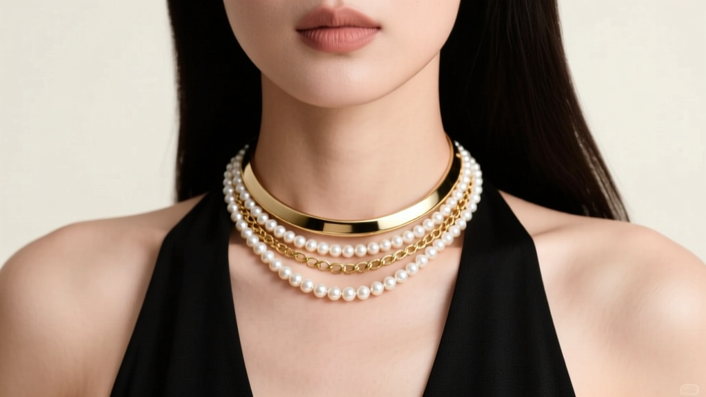 Layered 14k white gold choker and pearl necklace resting on the collarbone of a model wearing a sleeveless black halter top.