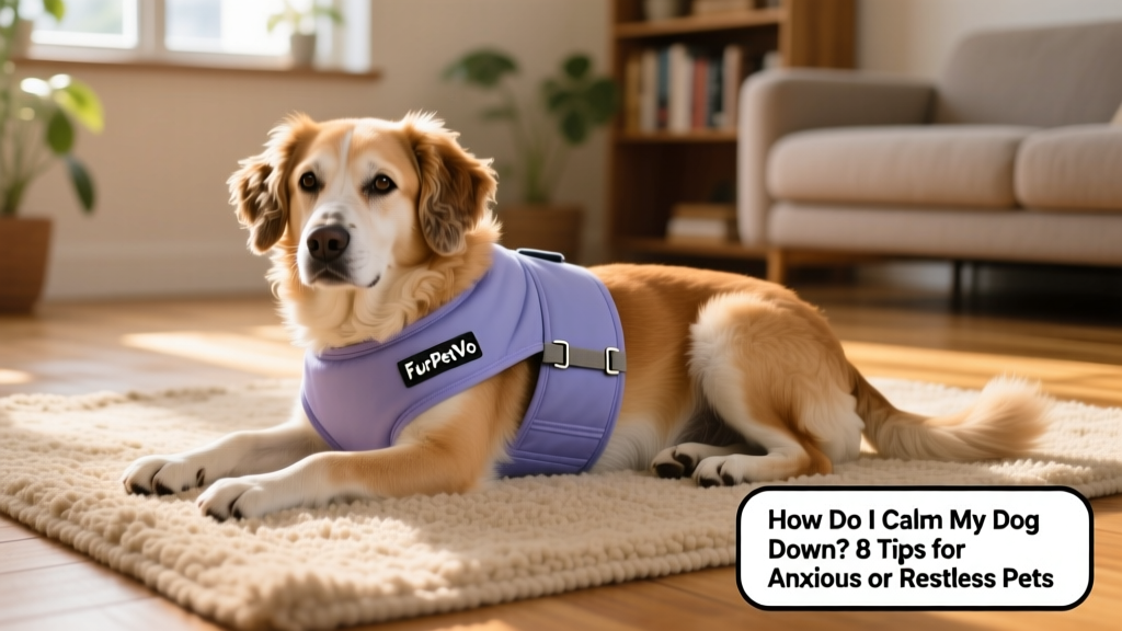 A dog wearing a soft, adjustable FurPetVo anxiety wrap while resting peacefully on a rug