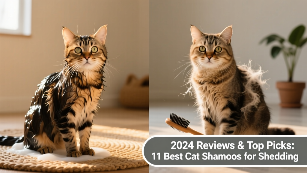 Side-by-side comparison of two cats—one freshly bathed with glossy fur, the other with visible loose undercoat on a brush