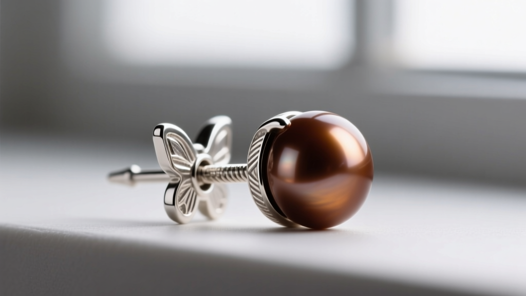 20-gauge sterling silver earring post with friction butterfly back on a Honora chocolate pearl stud, showing detailed metal texture.