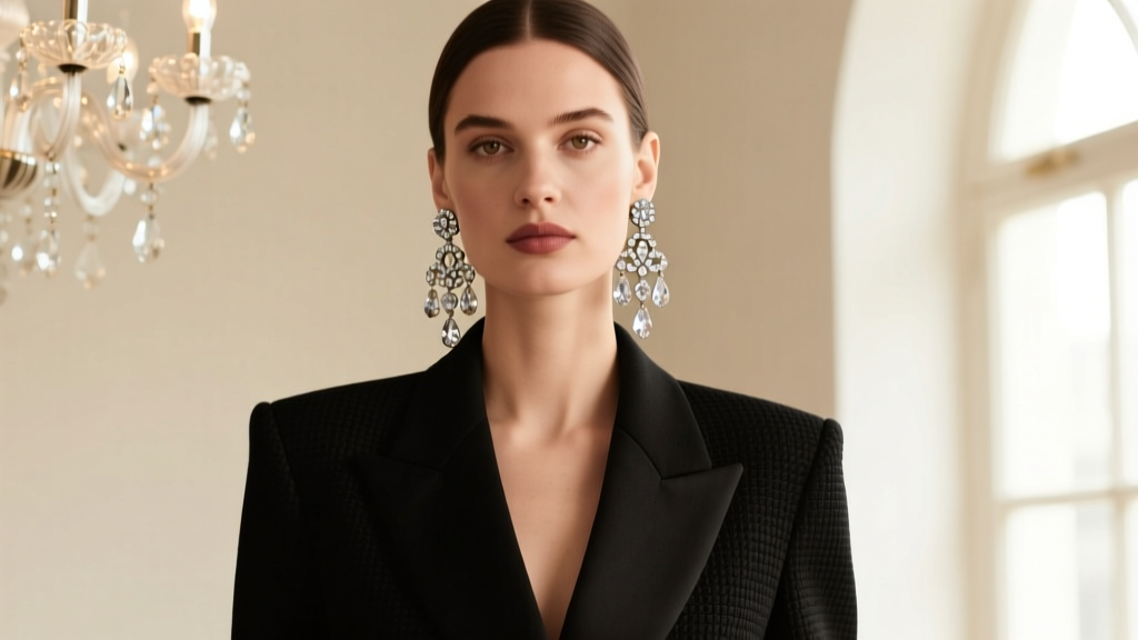 Woman in a black blazer wearing sparkling vintage Weiss chandelier rhinestone clip-on earrings against a soft neutral backdrop.