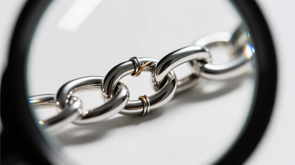 View through a loupe of soldering joints on a sterling silver figaro chain, showing artisan craft and smooth metal finishes.