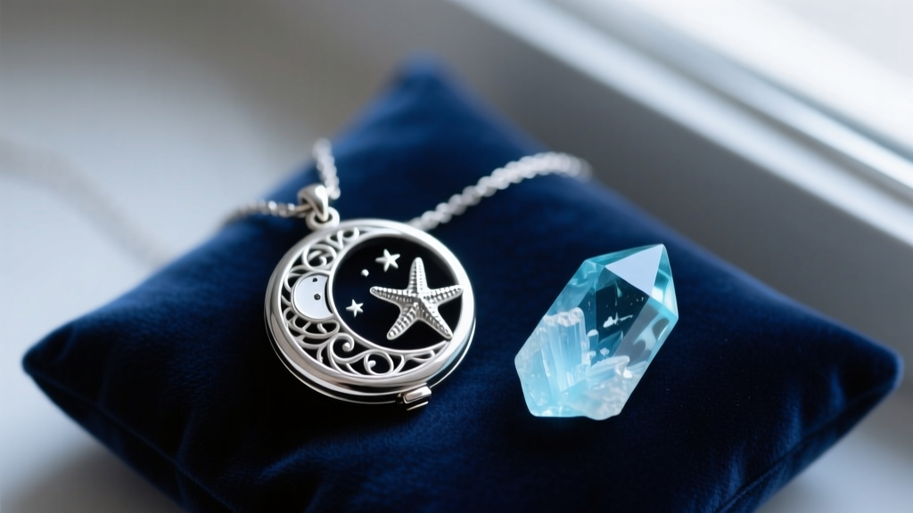 Sterling silver Cleo Sertori inspired moon and starfish locket necklace resting on dark blue velvet beside a raw aquamarine crystal