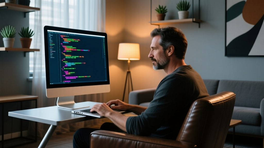 Side profile of a digital nomad using a laptop stand and a 16-inch portable monitor in portrait mode for coding in a dimly lit lounge.