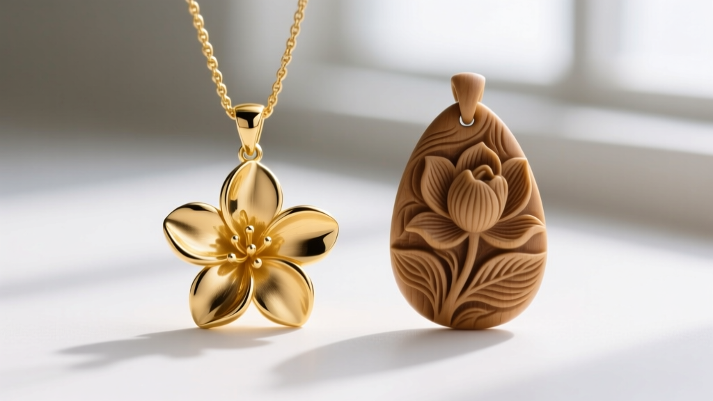 Macro comparison of a cast 14k gold pikake jasmine pendant and a hand-carved pendant showing intricate petal textures and depth