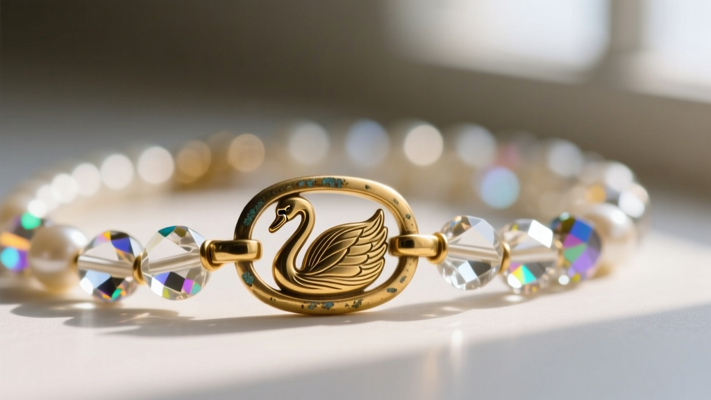 Macro shot of a vintage crystal bead necklace clasp showing a tiny swan hallmark and slight patina on the gold-plated brass metal