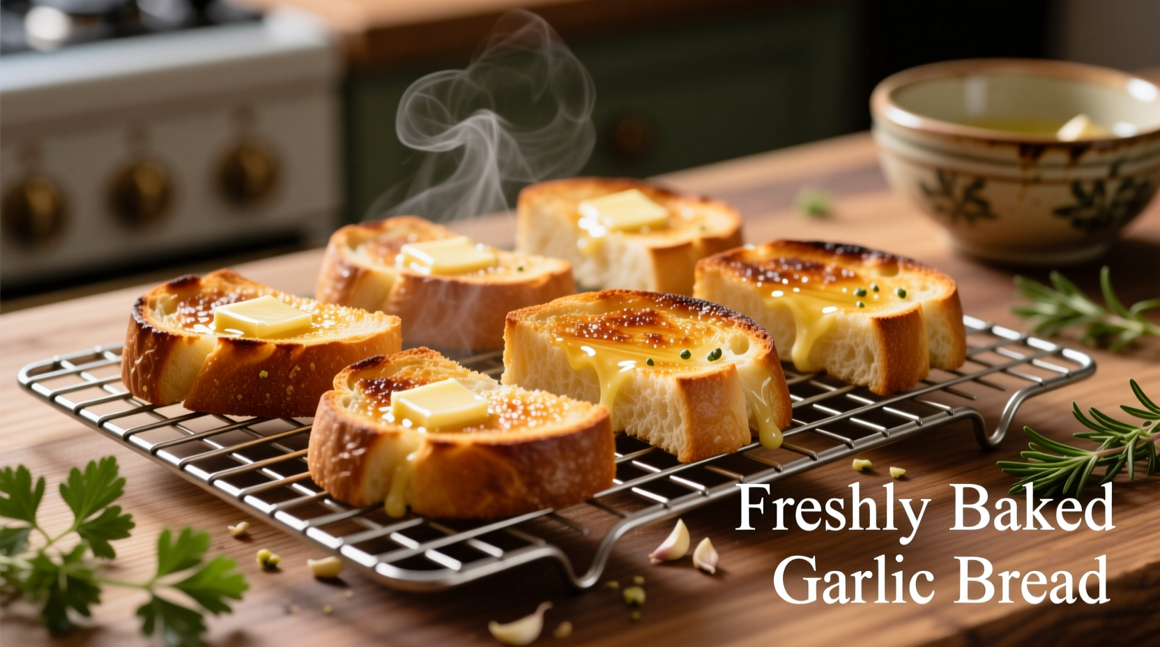 Golden garlic bread slices on wire rack