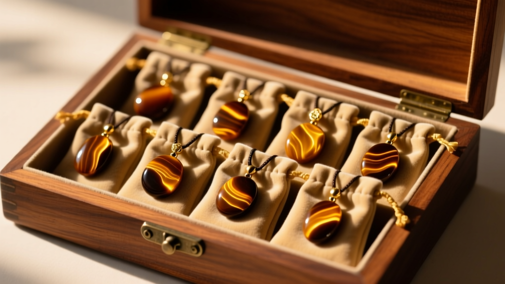Tiger eye pendants stored in separate soft velvet pouches inside an open wooden jewelry box, lit by a warm ambient glow.