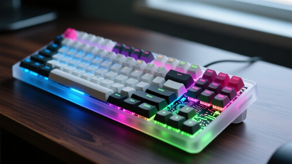 Close-up of custom 65 percent mechanical keyboard with frosted polycarbonate case, RGB underglow, and PBT keycaps on dark walnut desk