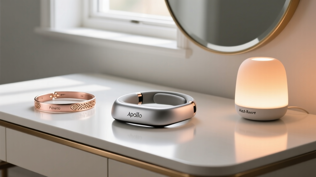 A beautifully lit vanity table displaying the Apollo Neuro wearable, a rose-gold Pulsetto neckband, and a glowing Hatch Restore sleep lamp.