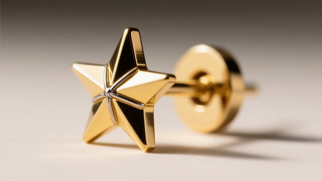 Extreme close-up of an earring post solder joint on a gold starburst stud, revealing the laser weld point and 18-gauge thickness