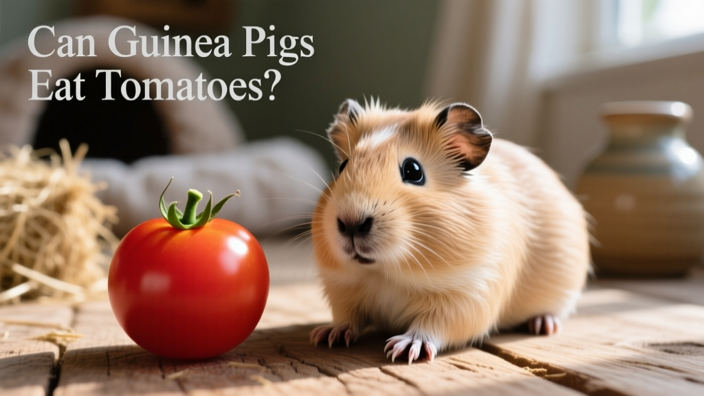 A fresh, ripe cherry tomato next to a guinea pig’s small paw, showing appropriate size comparison