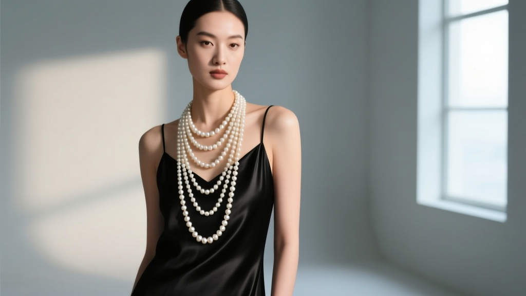 Model wearing a layered zigzag pearl strand over a black silk slip dress, showcasing modern minimalist editorial jewelry styling.