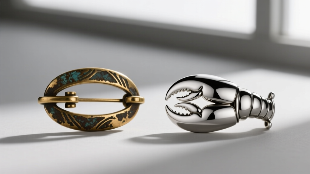 Side-by-side comparison of a heavily tarnished brass jewelry clasp next to a polished 316L stainless steel lobster claw clasp