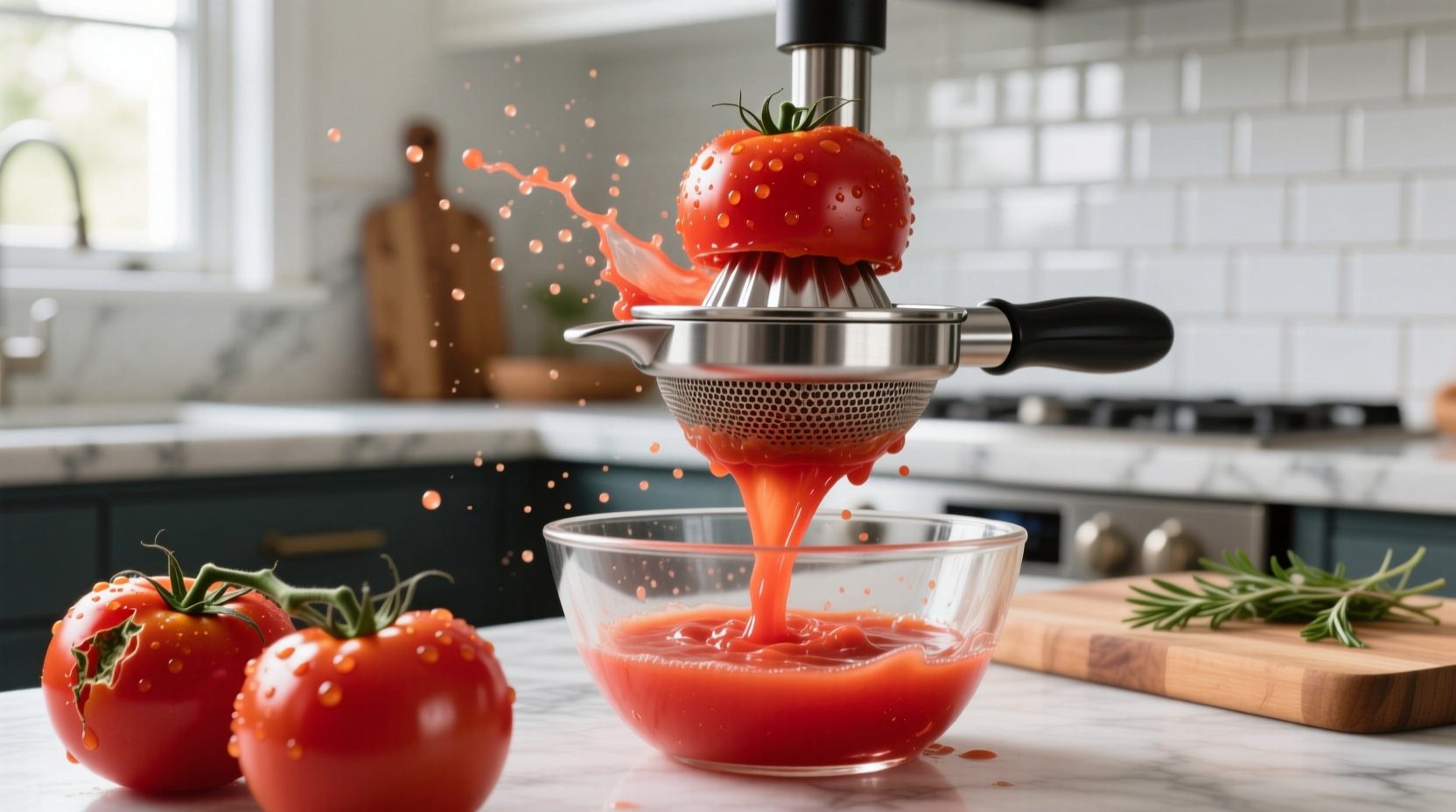 Fresh tomatoes being juiced in kitchen