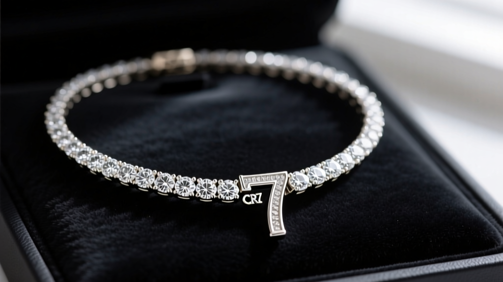 Close-up of a layered 18k white gold diamond tennis necklace and custom CR7 logo pendant resting on a dark velvet jewelry pad.