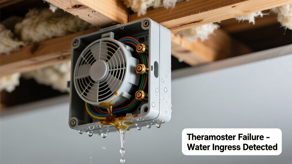 Attic Fan Thermostat Failed: Water Leaking from Unit