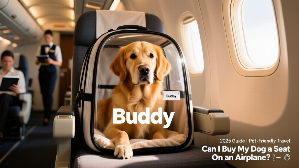 A calm, well-behaved dog sitting comfortably inside an airline-approved carrier placed on an airplane seat