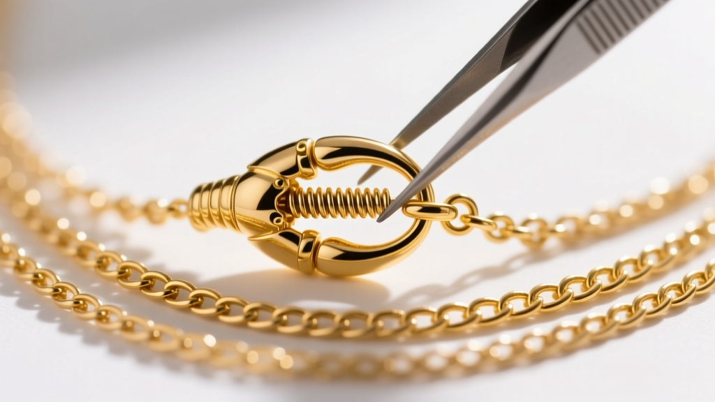 Close-up of tweezers inspecting a 5mm solid gold lobster clasp on a layered necklace, revealing the internal spring tension
