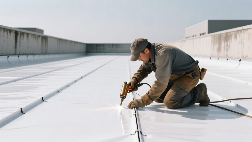 Roofer using a hot air welder to seal white TPO membrane seams on a commercial flat roof deck with parapet walls in background