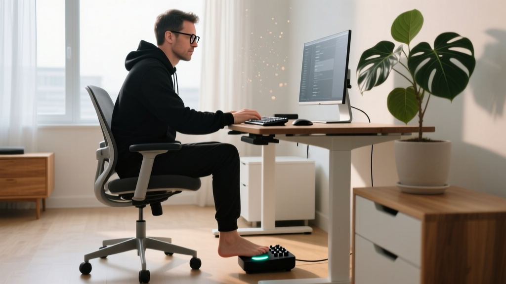 Side profile of a developer using a foot pedal macro controller under a standing desk to trigger deep work software modes