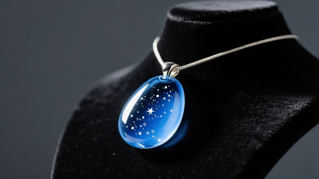 A blue borosilicate glass pendant with white ash flecks resting on a dark velvet jewelry bust under soft, warm studio lighting.