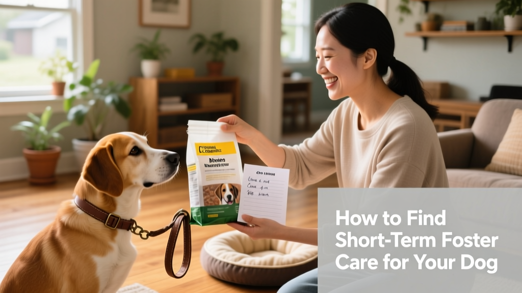 A dog owner handing a labeled bag of food, a leash, and a handwritten care sheet to a smiling foster caregiver