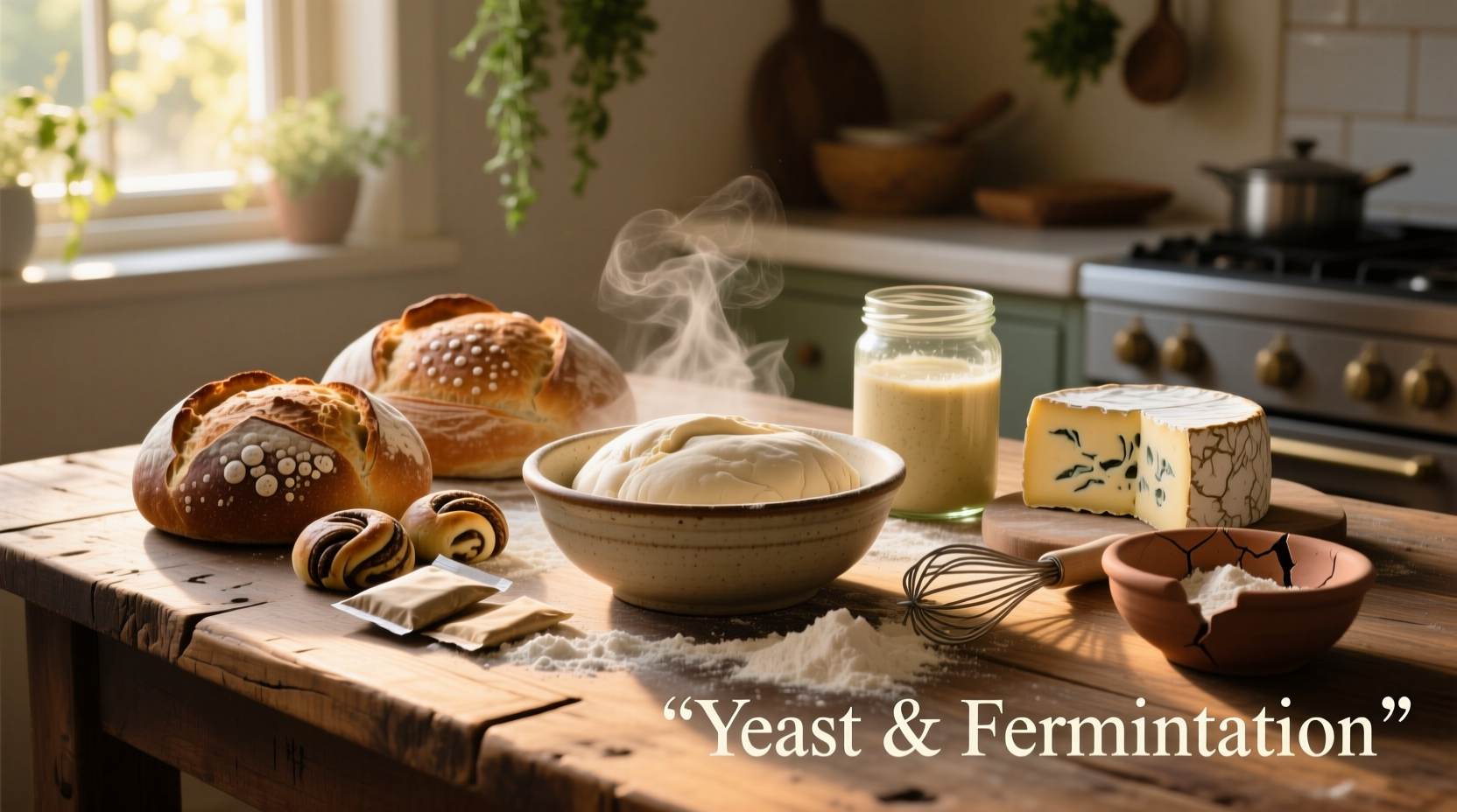 Yeast-containing foods on wooden table