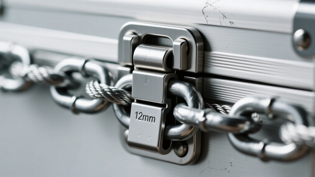 Close-up of a heavy-duty stainless steel box clasp with dual figure-eight safety catches securing a thick 12mm steel rope chain.