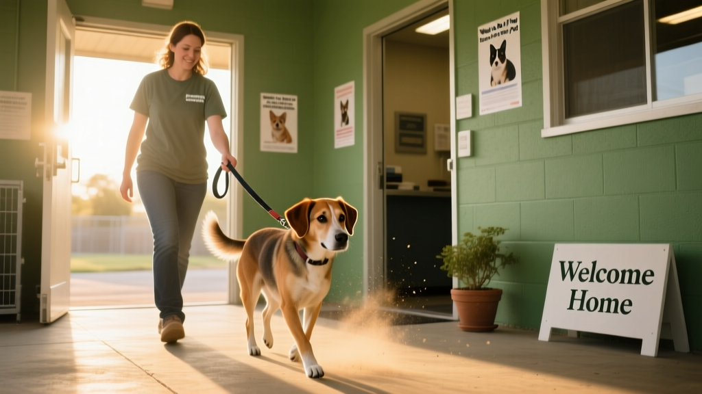 Volunteer using a slip leash to gently guide a calm, medium-sized dog into a shelter intake area