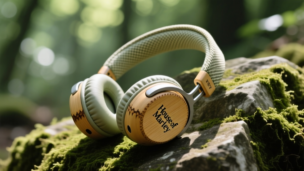 Close-up of House of Marley headphones featuring bamboo earcups and recycled PET fabric headband resting on a mossy outdoor rock surface