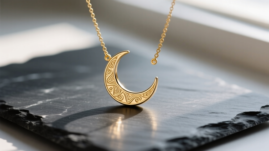 Close-up of a delicate 18k gold vermeil Mania Mania necklace with a small crescent moon pendant resting on a dark slate surface.