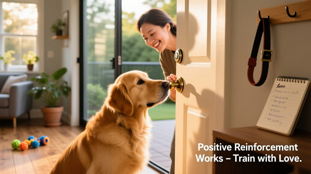 Dog gently pressing a doorbell with its nose while owner smiles nearby